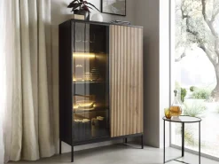 Piaski Witryny*Wysoka szklana witryna frezowana z oświetleniem Sento czarny / dąb wotan