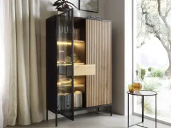 Piaski Witryny*Wysoka szklana witryna frezowana z oświetleniem Sento czarny / dąb wotan
