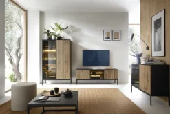 Piaski Witryny*Wysoka szklana witryna frezowana z oświetleniem Sento czarny / dąb wotan