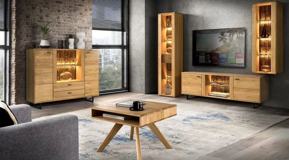 Dekort Witryny Do Jadalni|Witryny Do Salonu*Wysoka witryna dębowa z oświetleniem Tramonto Typ 10 strona lewa