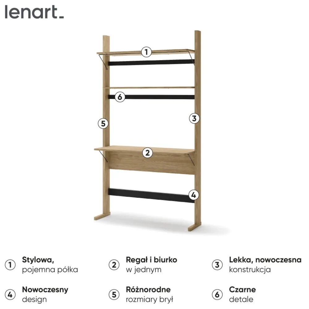 Dzieci Lenart Szafki I Regały Do Biura|Biurka Do Biura*Wysoki regał z biurkiem OLLIE OL-04 dąb olejowany+ czarny